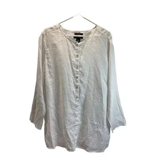 TAHARI Collarless Linen Tunic Size 2X Button Down Shirt White Roll Tab flowy - Picture 1 of 8